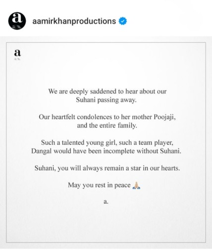 aamir khan productions instagram condolence to suhani bhatnagar